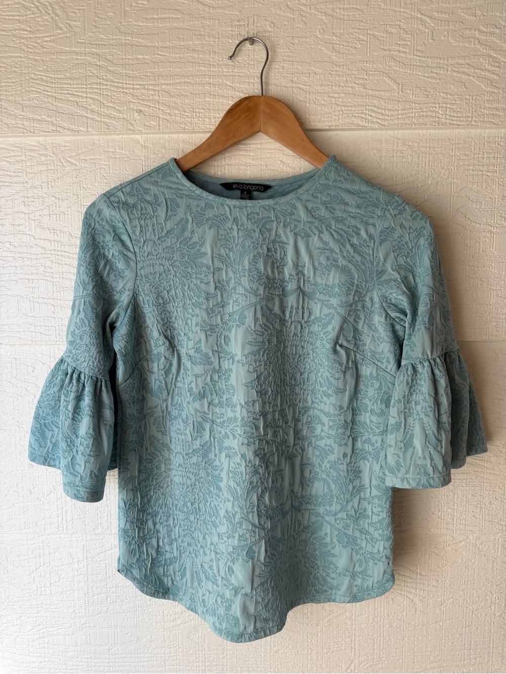 Eva Longoria Textured Bell Sleeve Top Blue Small Stretch Blouse